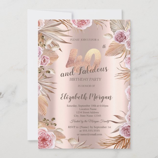 Invitación Flores Chic Boho Rosa Dorado Cumpleaños 40 (Anverso)
