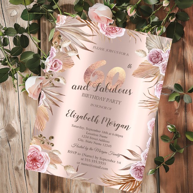 Invitación Flores Chic Boho Rosa Dorado Cumpleaños 60  (Subido por el creador)