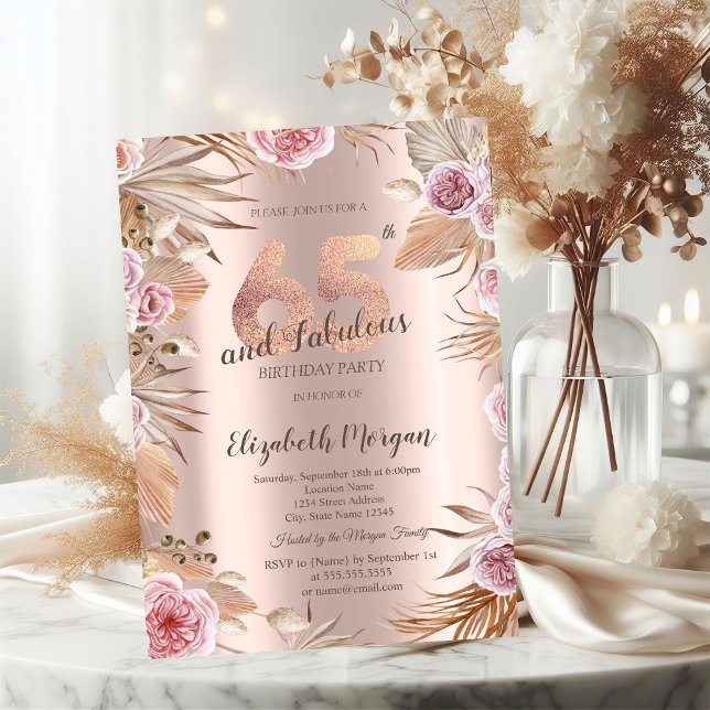 Invitación Flores Chic Boho Rosa Dorado Cumpleaños 65 (Subido por el creador)