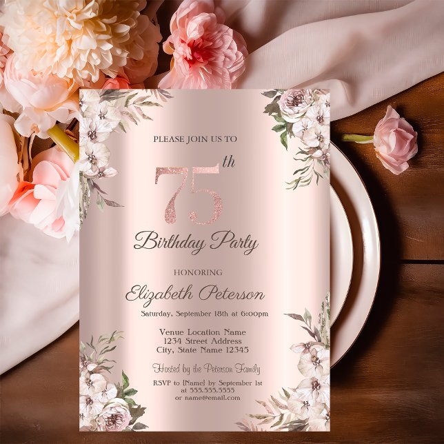 Invitación Flores Chic Boho Rosa Dorado Cumpleaños 75 (Subido por el creador)