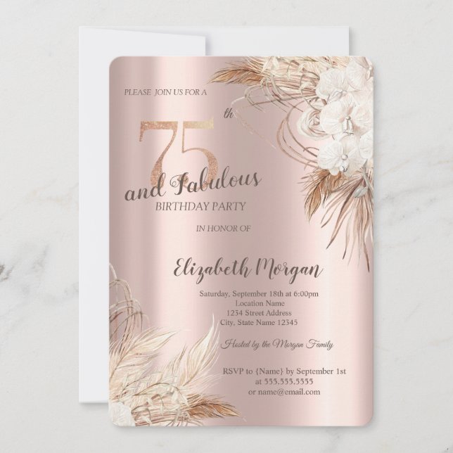 Invitación Flores Chic Boho Rosa Dorado Cumpleaños 75 (Anverso)
