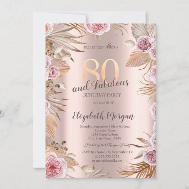 Invitación Flores Chic Boho Rosa Dorado Cumpleaños 80 (Anverso)