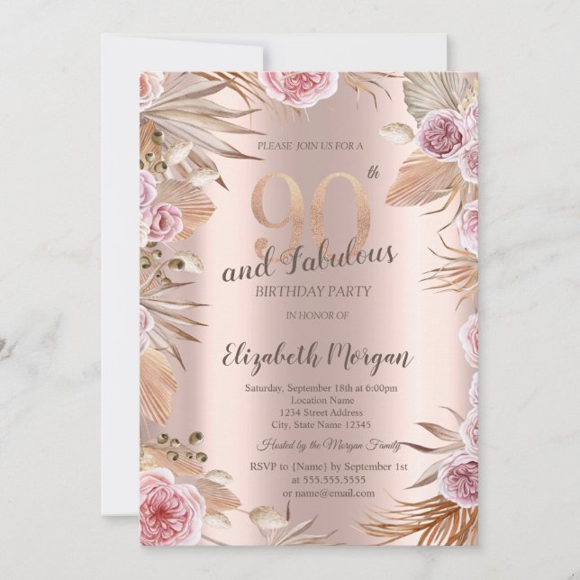 Invitación Flores Chic Boho Rosa Dorado Cumpleaños 90 (Anverso)