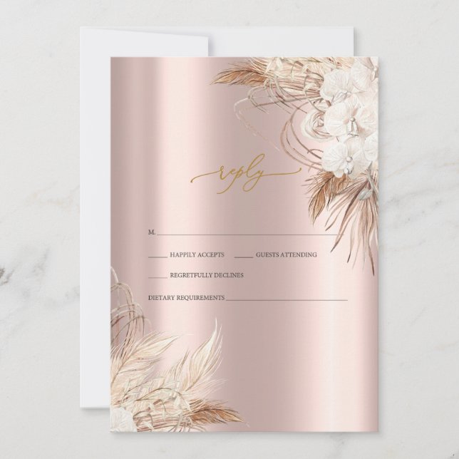 Invitación Flores Chic Boho Rosa Dorado RSVP de Boda   (Anverso)