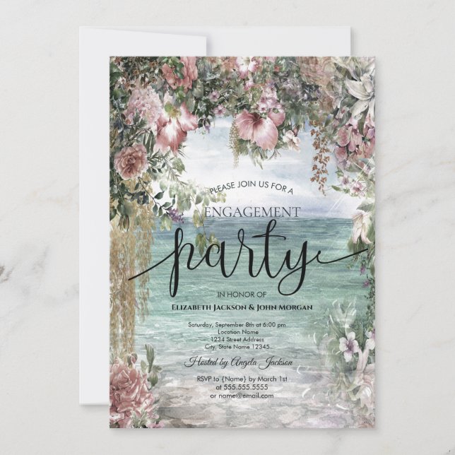 Invitación Flores Chic Compromiso Oceánico (Anverso)