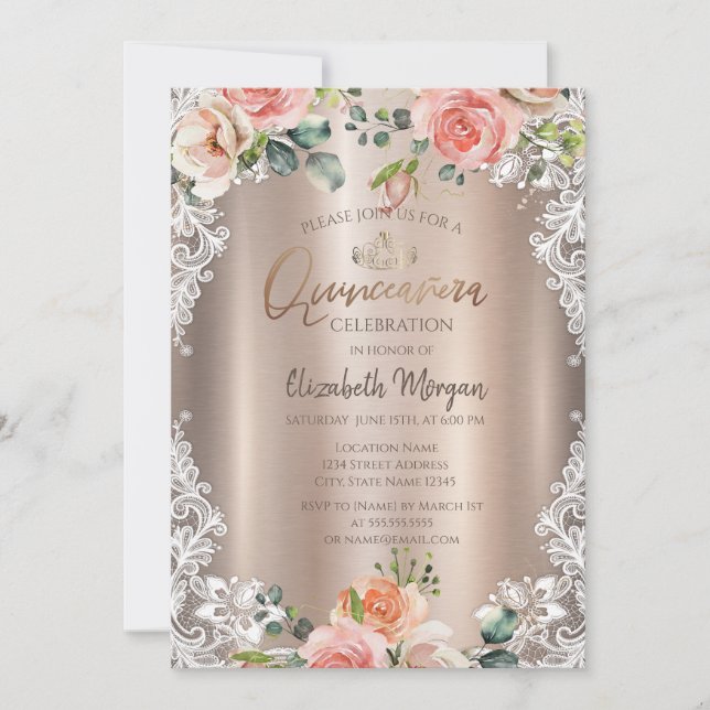 Invitación Flores Chic,Encaje,Tiara Quinceañera  (Anverso)