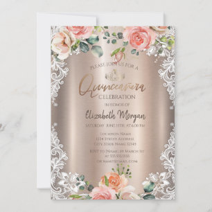 Invitación Flores Chic,Encaje,Tiara Quinceañera 