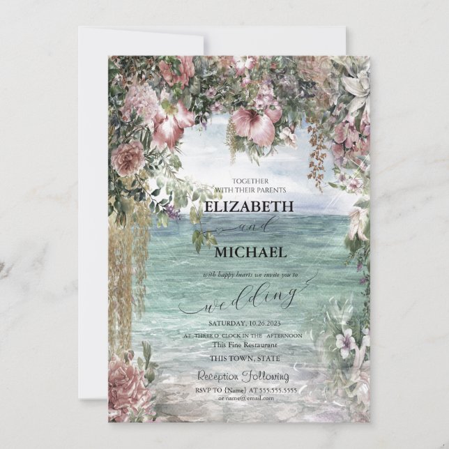 Invitación Flores Chic Océano Escritura Boda (Anverso)
