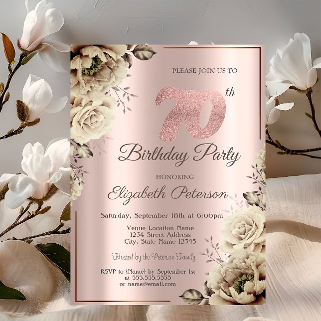 Invitación Flores Chic Rosa Dorado Cumpleaños 70   (Subido por el creador)