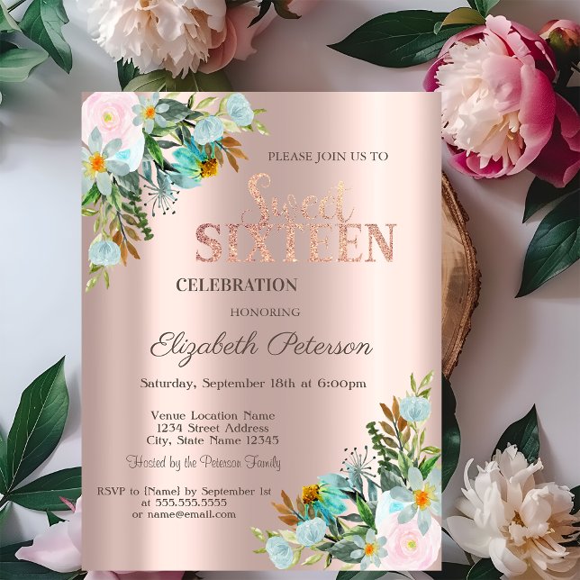 Invitación Flores Chic Rosa Dorado Cumpleaños Dulces 16 (Subido por el creador)