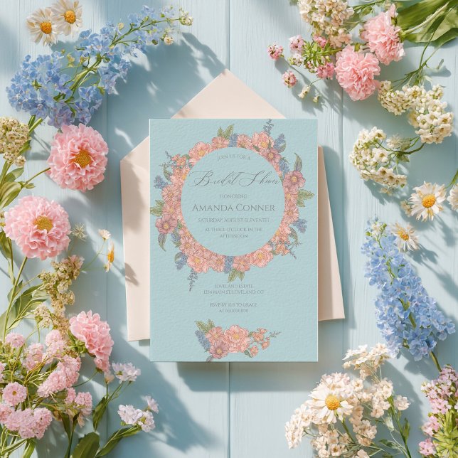 Invitación Flores chic rosadas y azules, duchas de novias (Subido por el creador)