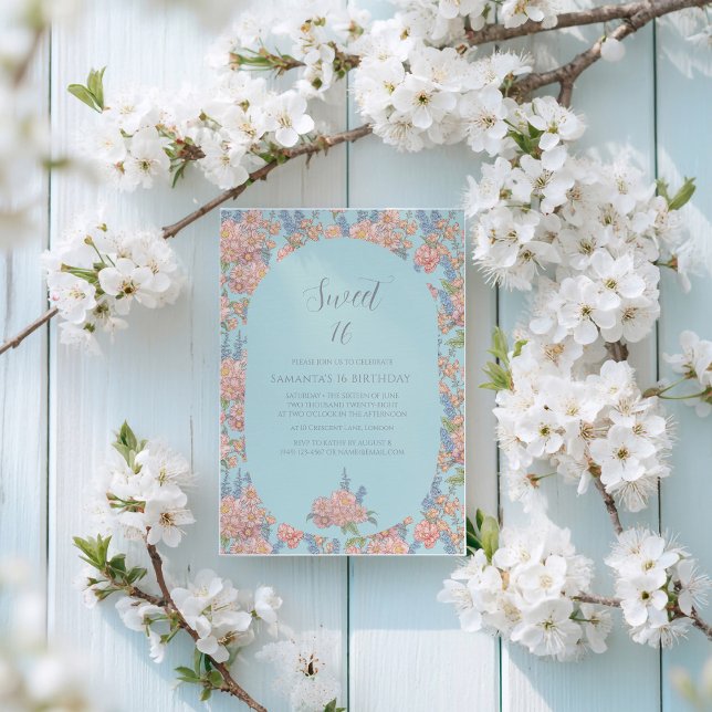 Invitación Flores chic rosadas y azules shabby 16 Cumpleaños (Subido por el creador)