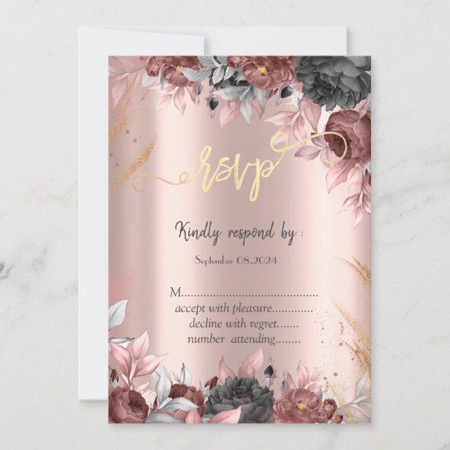 Invitación Flores Chic Rosas Oscuras Oro Rosa RSVP (Anverso)