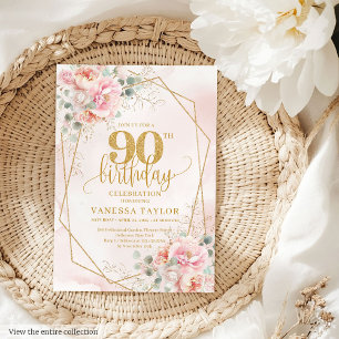 Invitación Flores clásicas de oro rosado Pastel 90 cumpleaños