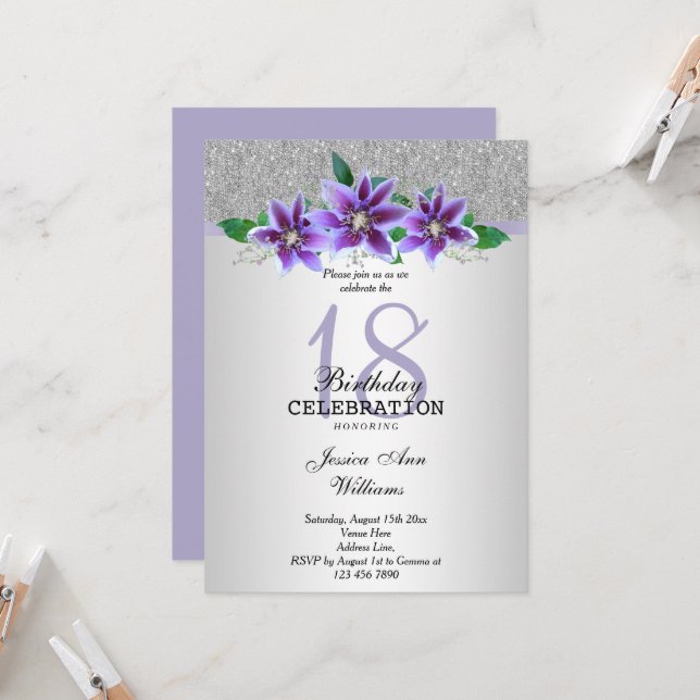 Invitación Flores clásicas plateadas y clematis 18º cumpleaño (Anverso/Reverso In Situ)