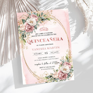 Invitación Flores Clásicas Polvorientas Rosadas Verde Quincea