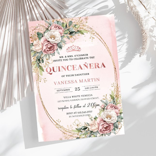 Invitación Flores Clásicas Polvorientas Rosadas Verde Quincea (Classic Dusty Pink Flowers Greenery Quinceañera)