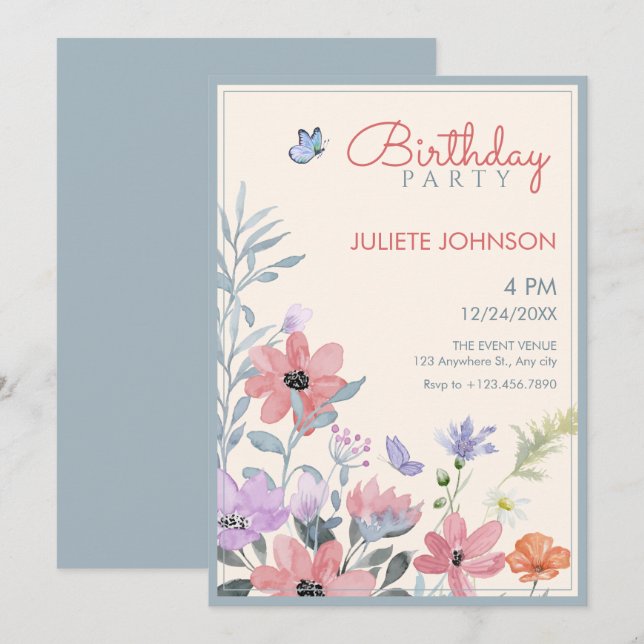 Invitación Flores color agua pastel cumpleaños mariposa (Anverso / Reverso)