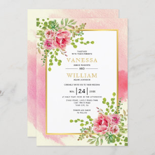 Invitación Flores color agua rosada floral boda boho