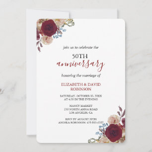 Invitación Flores color de agua roja boda de 50 años