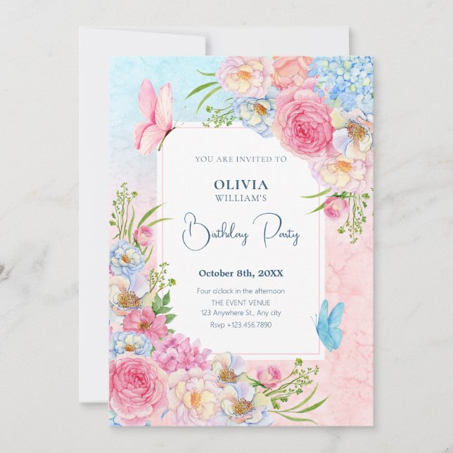 Invitación Flores color de agua rosa azul Cumpleaños (Anverso)