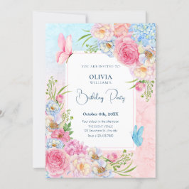Invitación Flores color de agua rosa azul Cumpleaños