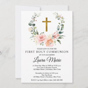 Invitación Flores color de agua rosa primera comunión sagrada