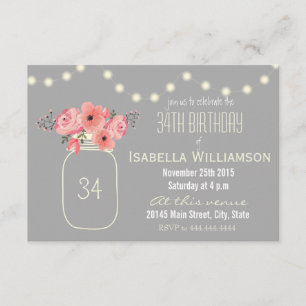 Invitación Flores color de agua rosada de cumpleaños 34 y Mas
