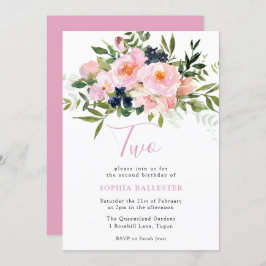 Invitación Flores color de agua rosada y marina Rubor segundo