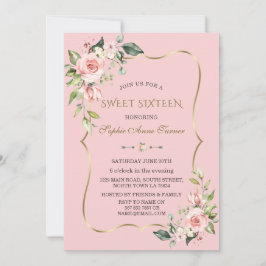 Invitación Flores color de agua rosado marco dorado dulce die