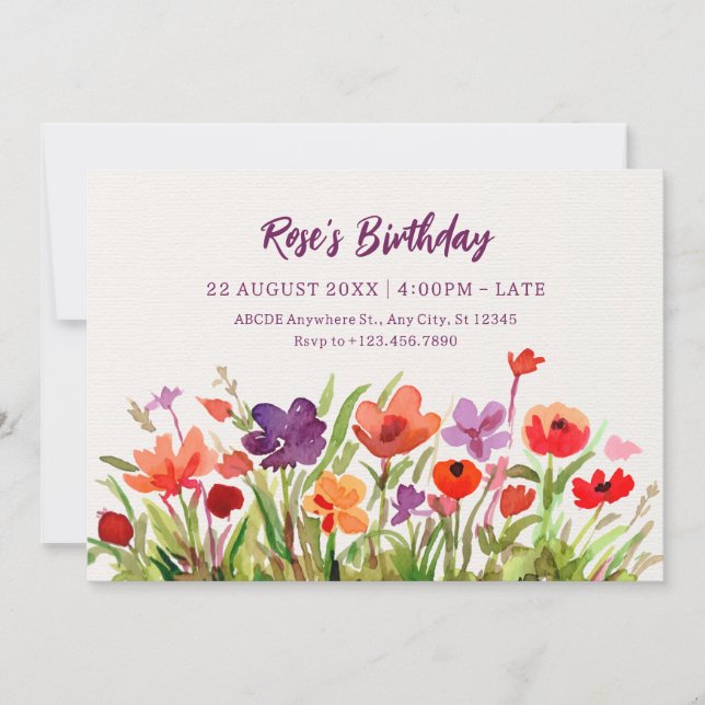 Invitación Flores coloridas acuarela del jardín Cumpleaños (Anverso)