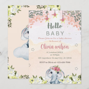 Invitación flores coloridas con fiesta de elefantes adorables
