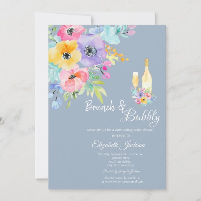 Invitación Flores Coloridas de Primavera Azulado Polvoriento  (Anverso)