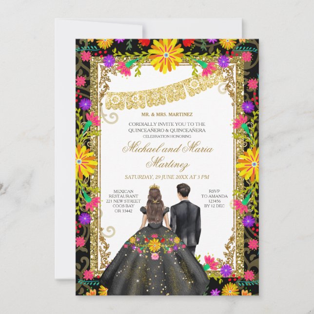 Invitación Flores coloridas gemelas Fiesta Quinceañera mexica (Anverso)