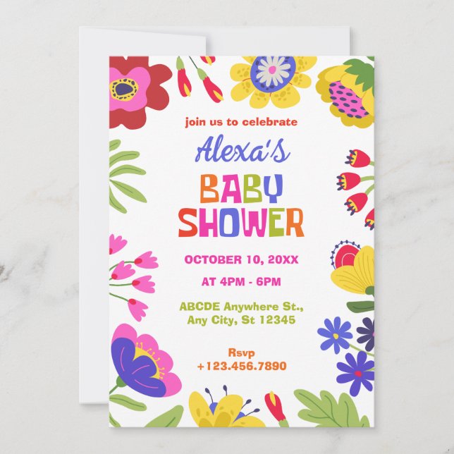Invitación Flores coloridas y divertida ducha de bebé (Anverso)