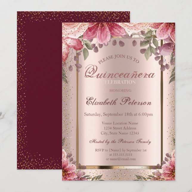 Invitación Flores Confetti Rosa Gold, Borgoña Quinceañera (Anverso / Reverso)