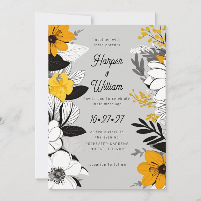 Invitación Flores contemporáneas negro, blanco, boda amarillo (Anverso)