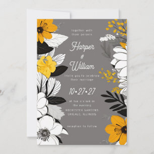Invitación Flores contemporáneas negro, blanco, boda amarillo