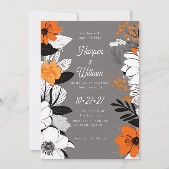 Invitación Flores contemporáneas negro, blanco, boda naranja (Anverso)