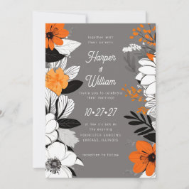 Invitación Flores contemporáneas negro, blanco, boda naranja