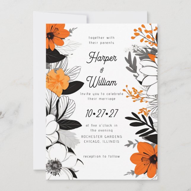 Invitación Flores contemporáneas negro, blanco, boda naranja (Anverso)