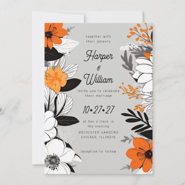Invitación Flores contemporáneas negro, blanco, boda naranja (Anverso)