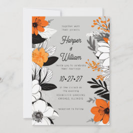 Invitación Flores contemporáneas negro, blanco, boda naranja