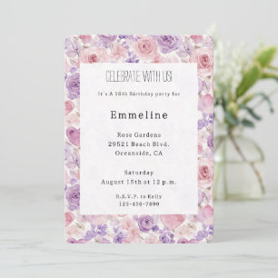 Invitación Flores Corazones Cumpleaños Rosado Púrpura Rubor
