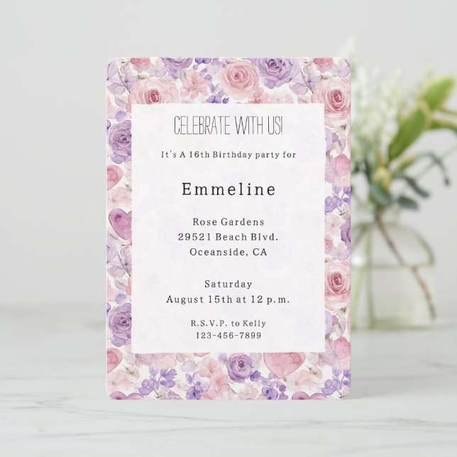 Invitación Flores Corazones Cumpleaños Rosado Púrpura Rubor (Anverso de pie)
