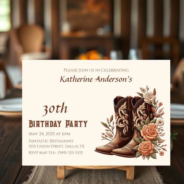 Invitación Flores Country Western con Botas de Vaquero (Country Western-Flowers with Cowboy Boots-Birthday Party Invitation)