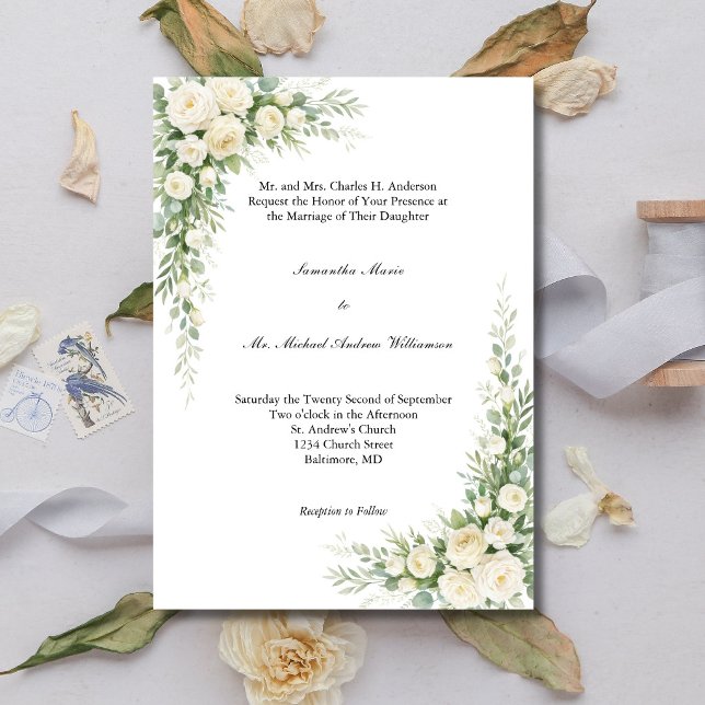 Invitación Flores Cremas Blancas Boda Tradicional Iglesia (White Cream Roses and Watercolor Florals Traditional Church Wedding Invitation)