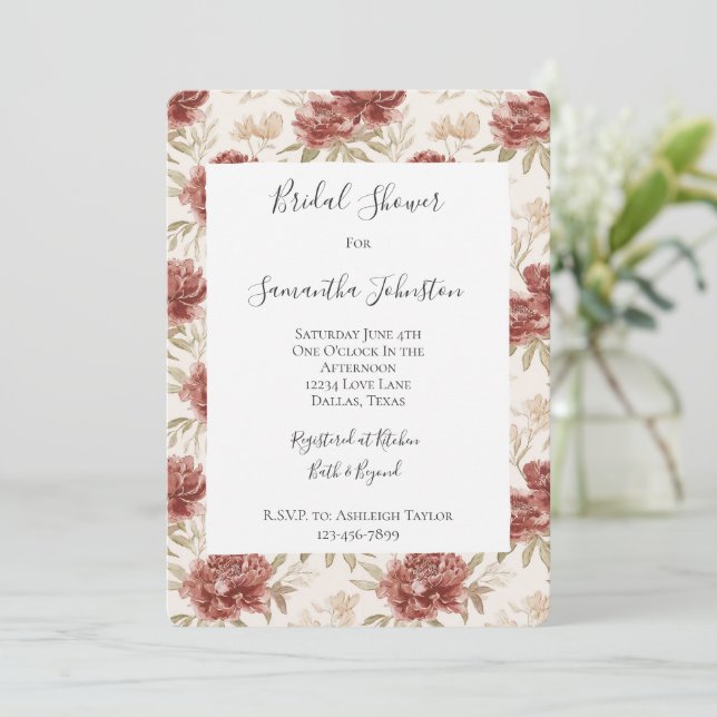 Invitación Flores Cremas Rojas para Despedida de Soltera (Anverso de pie)