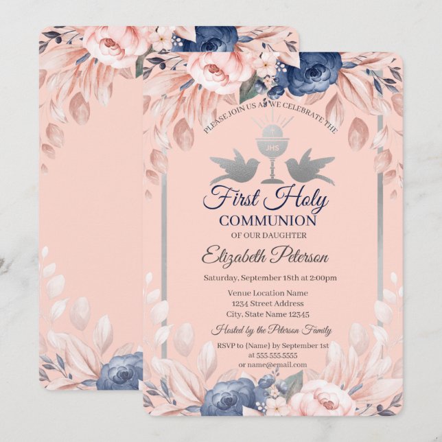Invitación Flores Cruz Primera Comunión (Anverso / Reverso)