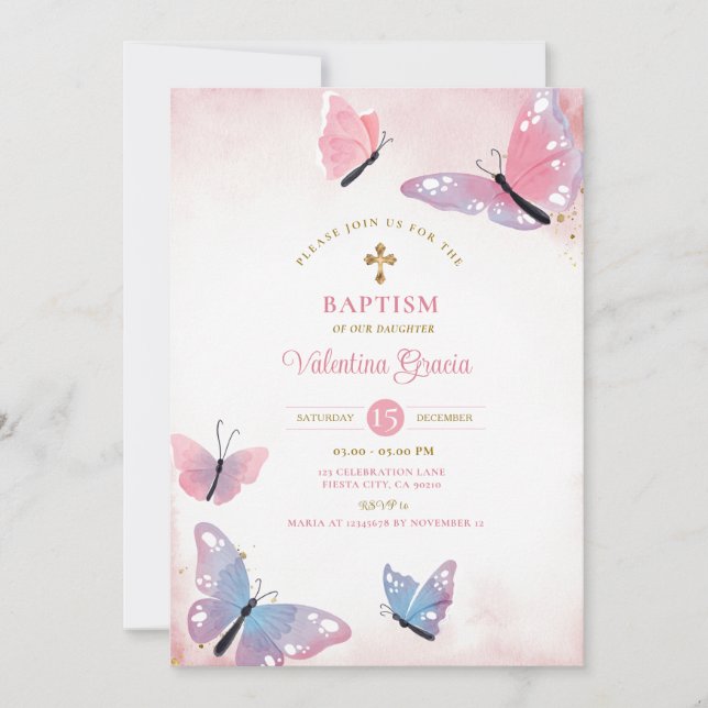 Invitación Flores cruzadas de oro de mariposa rosa morada bau (Anverso)